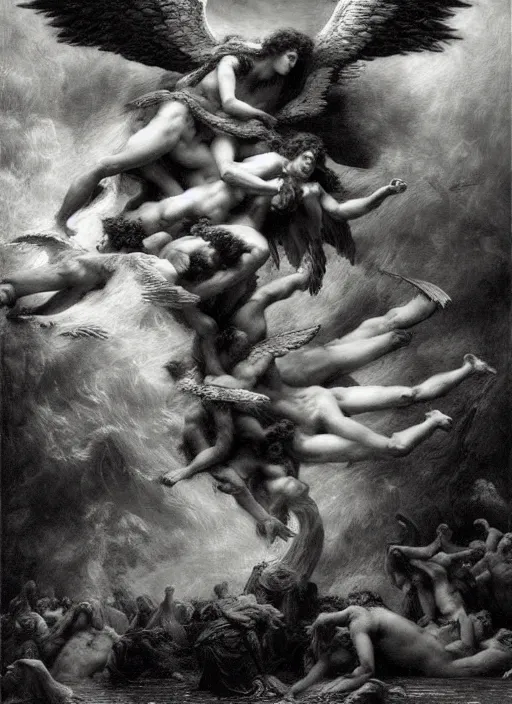 Image similar to fallen angels, epic scene, photorealistic, highly detailed, texture, soft light, dramatic, moody, ambient, painting by gustave dore