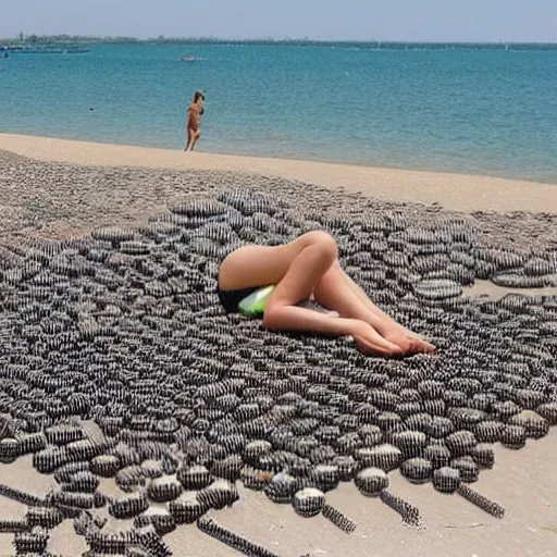 Image similar to young woman sunbathing on a beach made of thousands of nails, screws and other metal tools