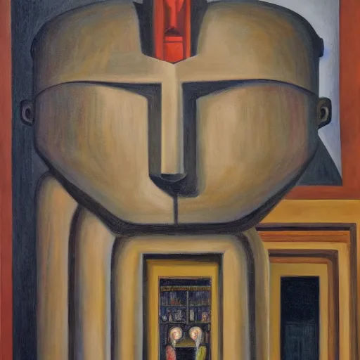 Prompt: three brutalist giant sacred robots visage, portrait, cathedral, dystopian, pj crook, edward hopper, oil on canvas