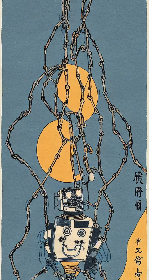 Image similar to a robot hanging by chains upside down peacefully, beautiful Coloured Japanese ink painting inspired by the hanged man tarot card, sharp lines