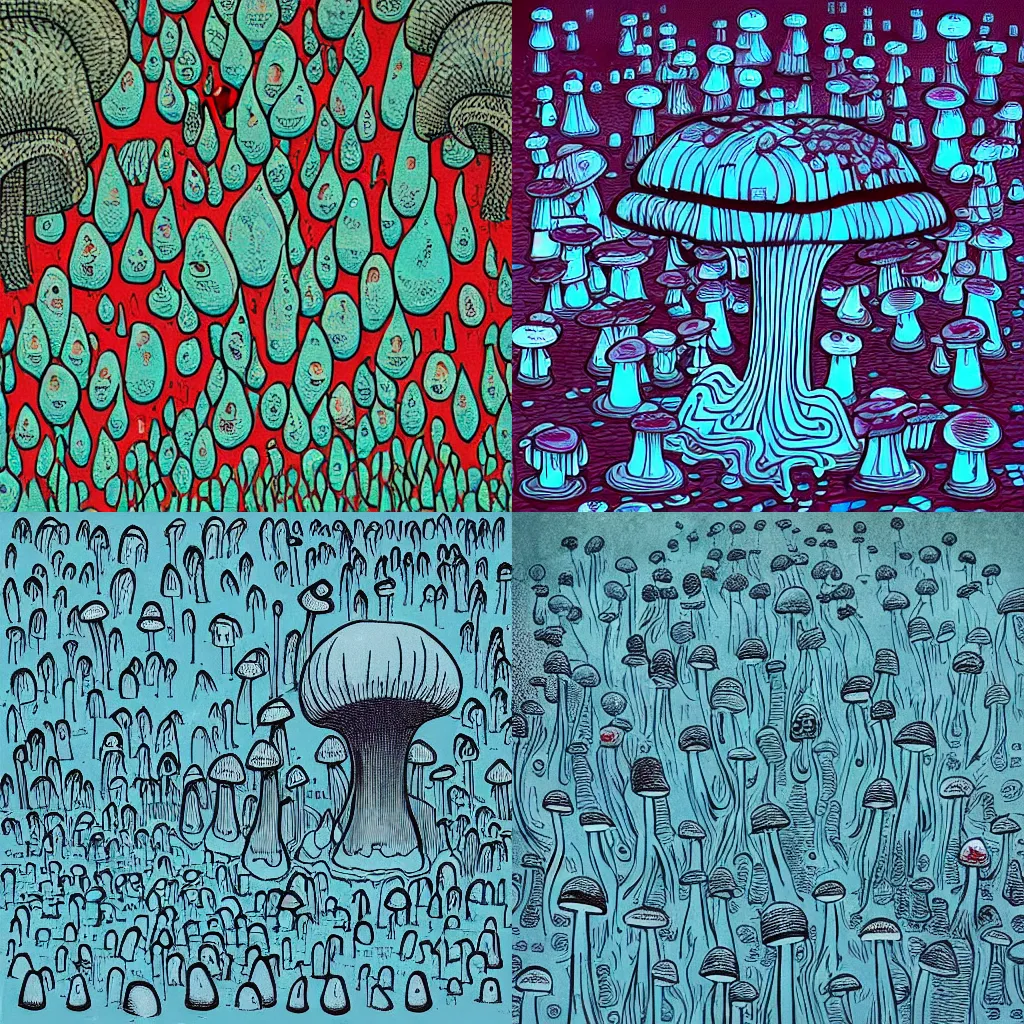 Prompt: “melting mushroom city, in the style of James Jean”