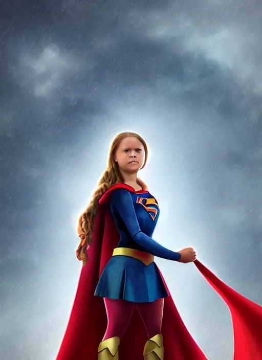 Image similar to greta thunberg as supergirl, detailed digital art, trending on Artstation