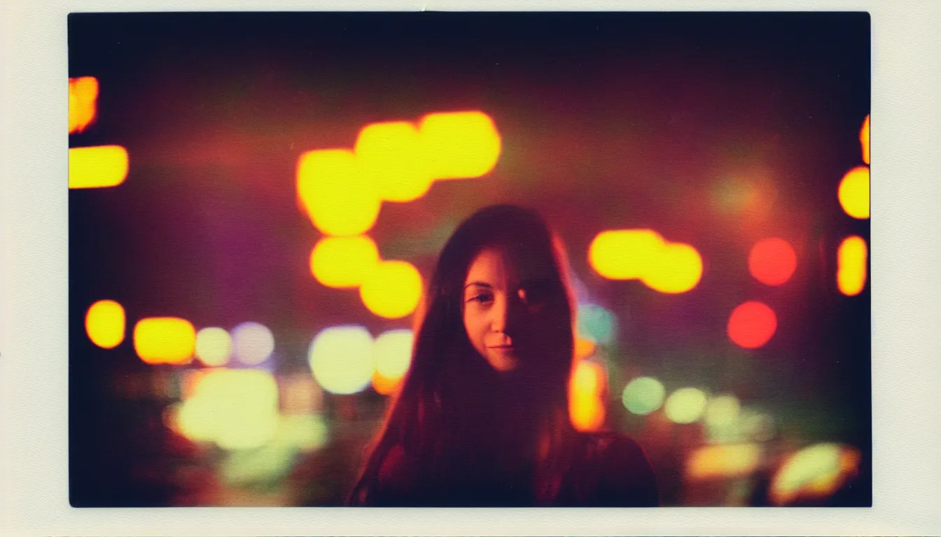 Image similar to colorful instant photograph of a woman in a city at night, polaroid, light leak, raw, nostalgic