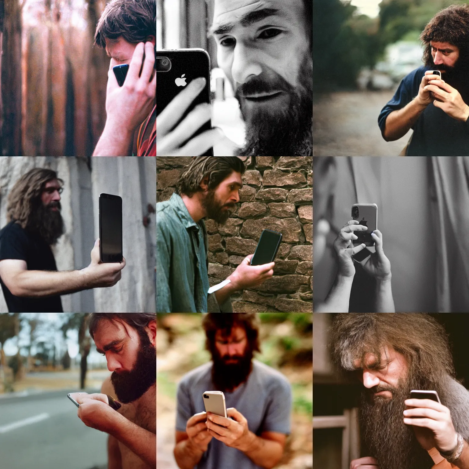 Prompt: cinestill of a confused caveman inspecting an iphone, 5 0 mm f 1. 8