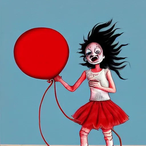 Prompt: grunge cartoon painting of a little girl playing with a jump rope with a wide smile and a red balloon by chris leib, loony toons style, pennywise style, corpse bride style, horror theme, detailed, elegant, intricate