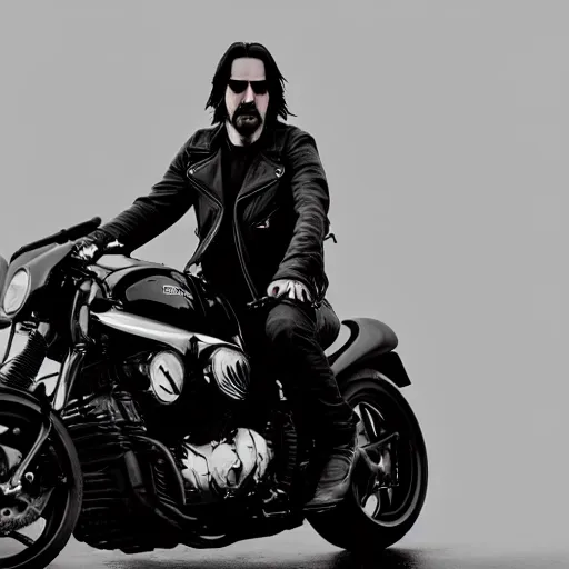 Image similar to Keanu reeves in black biker gear foggy pic 4K detail
