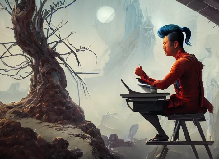 Image similar to an insanely detailed painting of an asian man wearing a homemade superhero costume, sitting at a desk, staring seriously at the computer and typing, in the style of peter mohrbacher, james jean, artgerm, dramatic lighting and composition, surreal background, octane render, pixar, trending on artstation, concept art, comic book, view from behind, 8 k