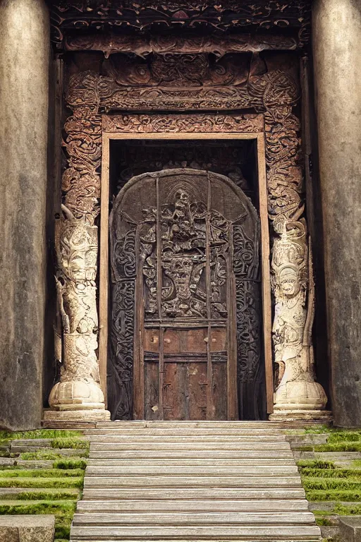 Prompt: massive ornately carved tao temple door at the end of stone steps, cloud blossoms, magical atmosphere, by renato muccillo and andreas rocha, trending on artstation + blur, blurry, dof, soft focus