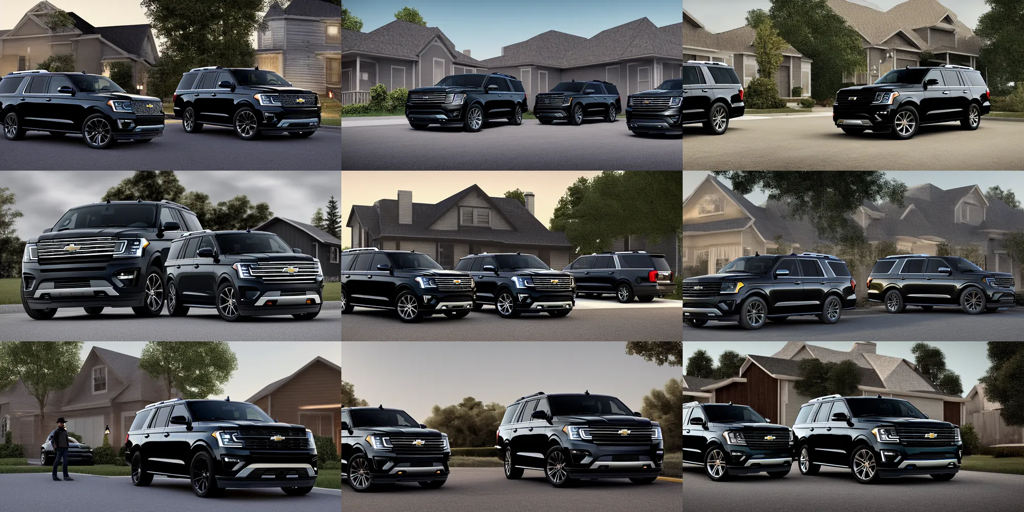 Prompt: a black suv inspired by a 2 0 2 2 chevrolet suburban and 2 0 2 2 ford expedition parked in front of a house, a digital rendering by the family circus, trending on cg society, regionalism, ue 5, rendered in unreal engine, ultrafine detail