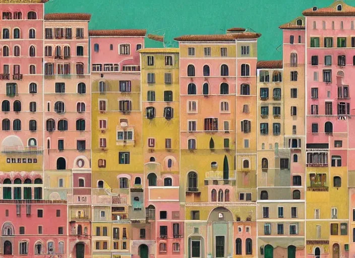 Image similar to symmetry!! italian city, a beautiful painting representative of the art style of wes anderson and spike jonze