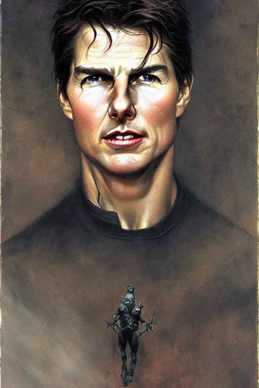 Image similar to portrait of tom cruise in the style of wayne barlowe, gustav moreau, goward, bussiere, roberto ferri, santiago caruso, luis ricardo falero, austin osman spare