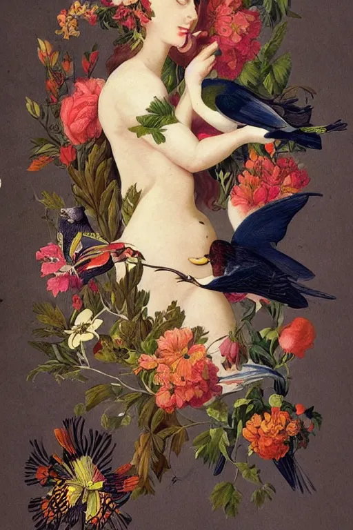 Image similar to beautiful girl Amalgamation with flowers, fruits, birds by Beto Val, John James Audubon, vintage illustration, bizarre compositions, Exquisite detail