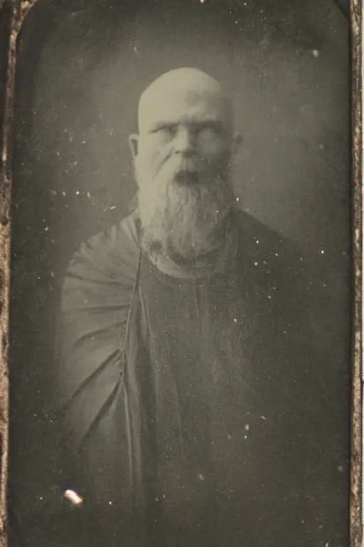 Prompt: a tintype photo of a dark and evil wizard
