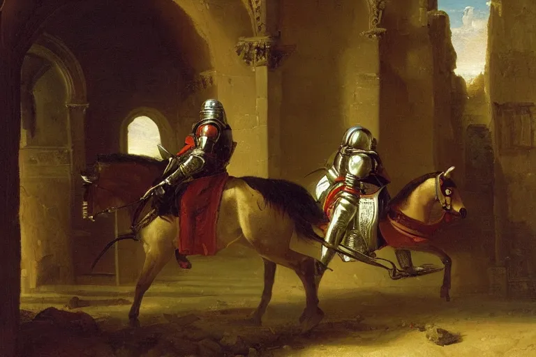 Prompt: an oil painting of a knight wearing plate armor entering a medieval church on a horse, 4 k, highly detailed, painted by thomas cole