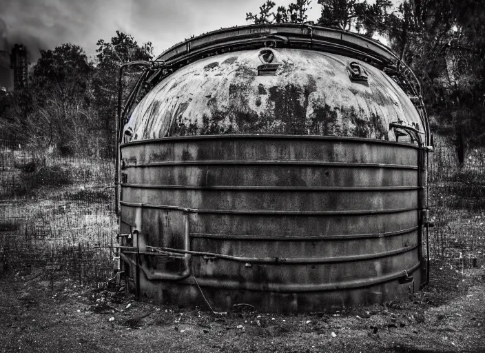 Prompt: Professional Photography, Nikon, Post apocalyptic water tank,