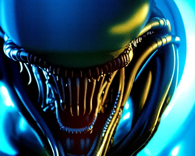 Image similar to 2 8 mm closeup portrait of a wet slimy dripping xenomorph alien in science fiction spaceship hallway, dramatic lighting, octane, blue lights, lens flare, industrial, dirty, trending on artstation, golden ratio, h. r. giger, mist, action, volumetric lighting