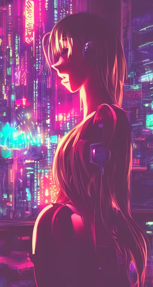Prompt: anime, cyberpunk women, city, neon lights, glow, retrowave style, sunset,
