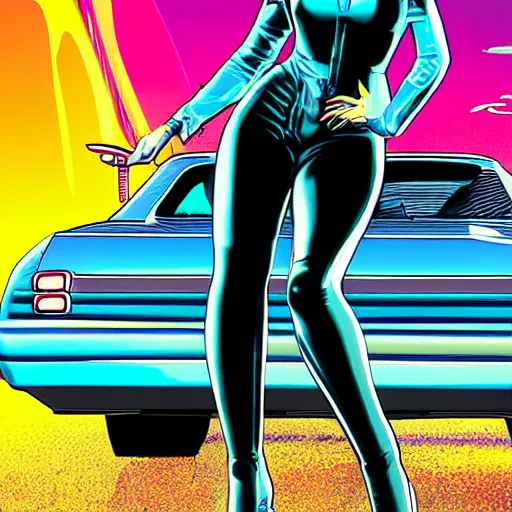 Image similar to synthwave cyberpunk girl wearing latex biker catsuit holding a molotolv sitting on a stack of speakers in the back of a blue 1967 chevy camero, in a neon city in the style of a comic book sunset city