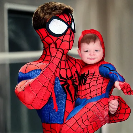 Image similar to realistic photo of spiderman holding baby wearing spiderman costumes, an film still