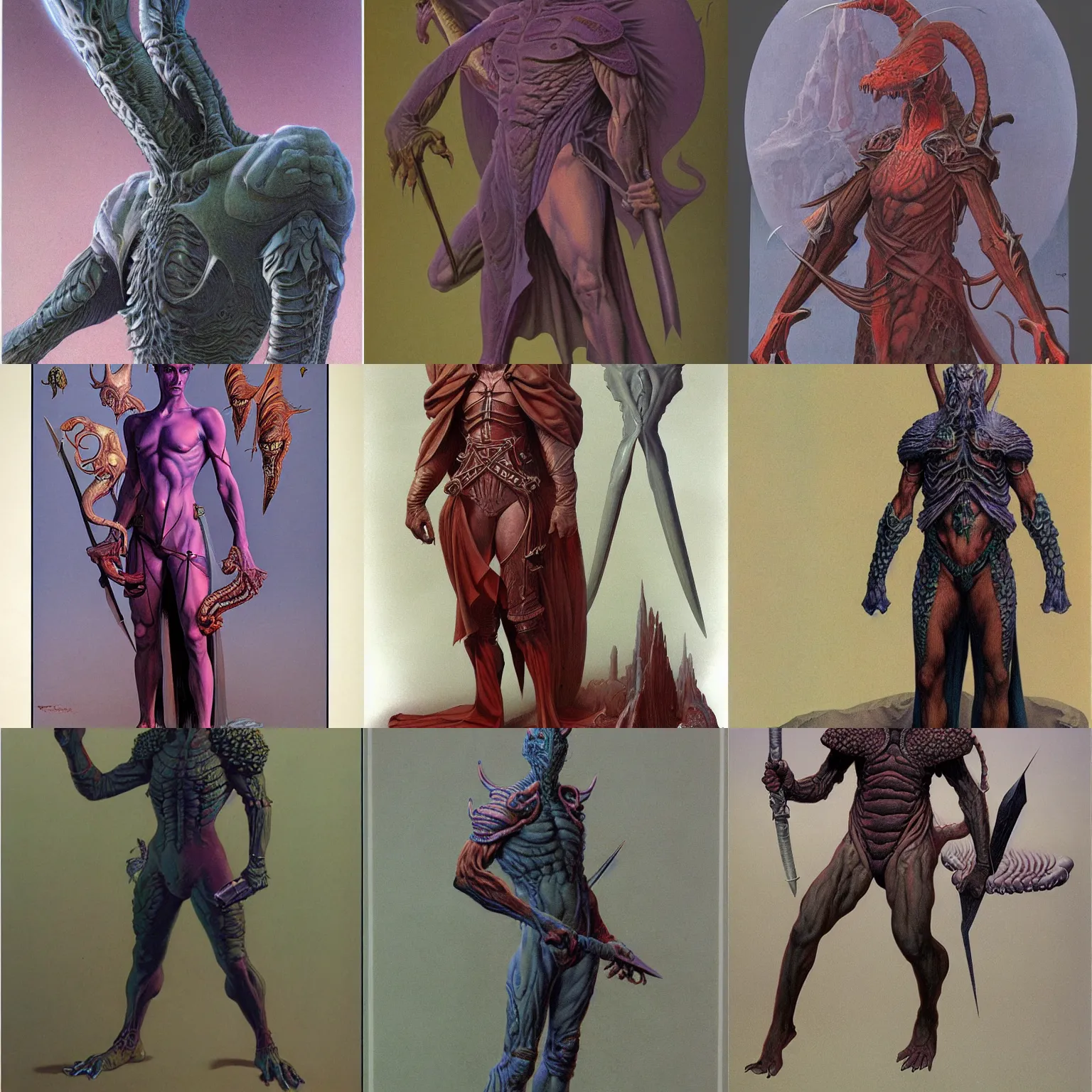 Prompt: full body illustration d & d character by wayne douglas barlowe