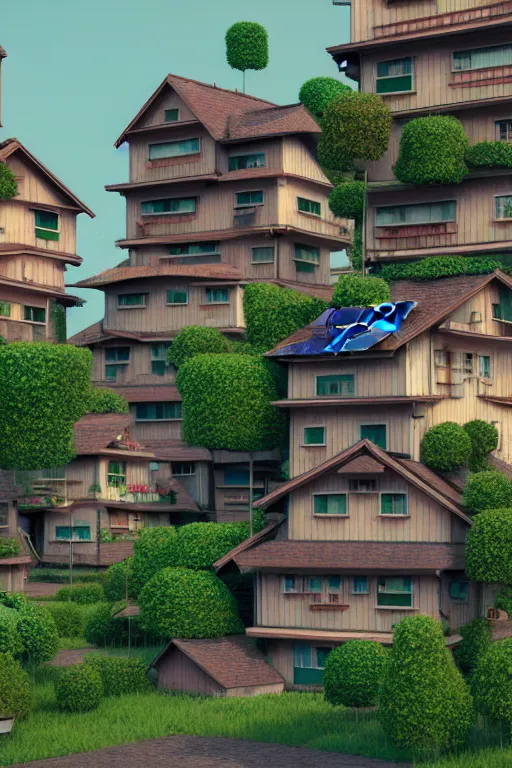 Image similar to stacked houses, solarpunk, francois schuiten, studio ghibli, octane render, 4 k