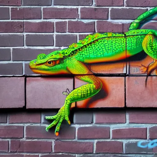 Image similar to a hyperrealistic graffiti on brick wall of a trippy lizzard, colorfu, 4 k