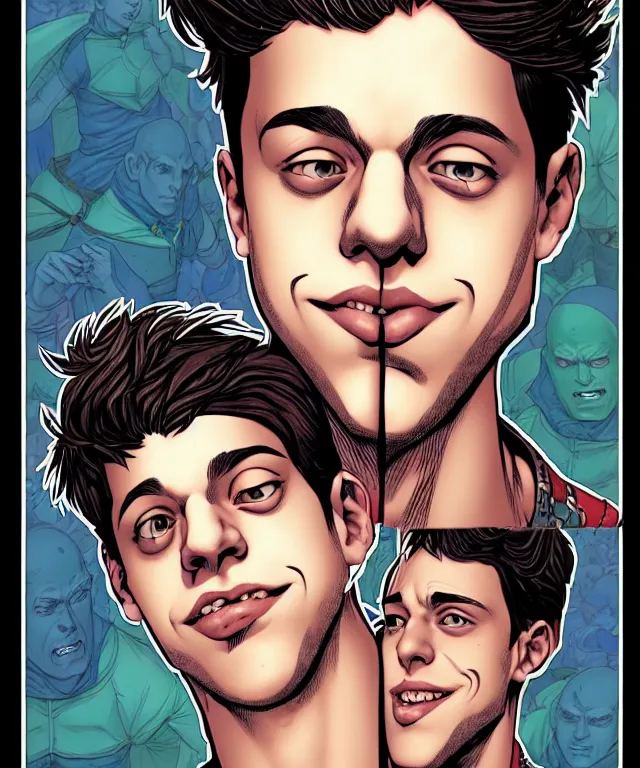 Image similar to a ( fantasy comic ) ( cover art ) portrait of a village idiot who looks like ( pete davidson ), digital illustration by jenny frison and sana takeda and kentaro miura, fine inking lines, vivid colors, dnd, highly detailed!, hd, 4 k, trending on artstation