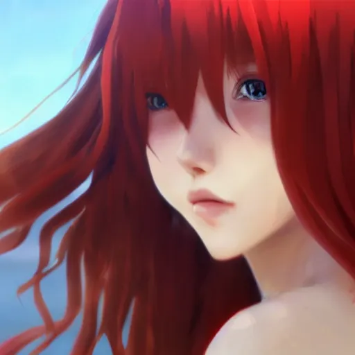 Image similar to red haired anime girl in a bikini, ultra detailed, very beautiful face, 8 k resolution, by greg rutkowski, wlop, hayao miyazaki