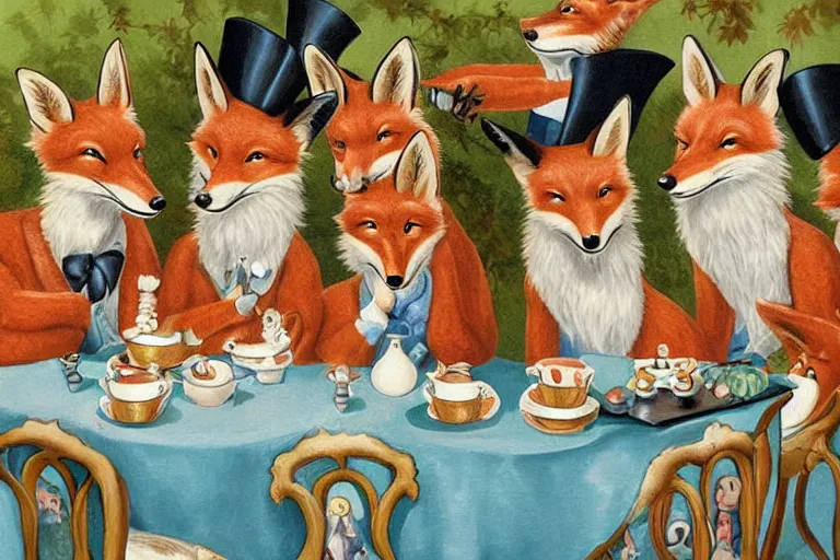 Prompt: anthropomorphic foxes wearing monocles and top hats at a tea party, style of kitsch art painting