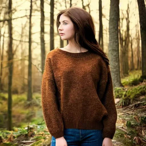 Image similar to real life photo of a beautiful girl, full body photoshoot, long brown hair, brown eyes, full round face, short smile, wool sweater, forest setting, cinematic lightning, medium shot, mid - shot, highly detailed, trending on artstation, unreal engine 4 k, 8 0 mm, 8 5 mm, cinematic wallpaper