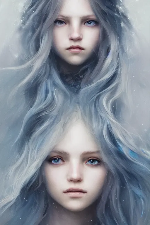 Image similar to a fancy portrait of a beautiful young teenage girl with long white hair and blue eyes by greg rutkowski, sung choi, mitchell mohrhauser, maciej kuciara, johnson ting, maxim verehin, peter konig, bloodborne, 8 k photorealistic, cinematic lighting, hd, high details, dramatic, dark atmosphere, trending on artstation