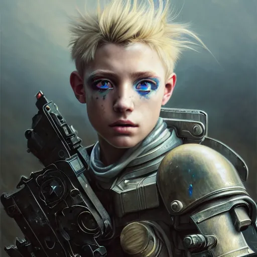 Prompt: portrait painting of a post - apocalyptic blonde teenager with blue eyes and patchy hair wearing light scrap armor with an old gun on his back, ultra realistic, concept art, intricate details, eerie, highly detailed, photorealistic, octane render, 8 k, unreal engine. art by artgerm and greg rutkowski and charlie bowater and magali villeneuve and alphonse mucha