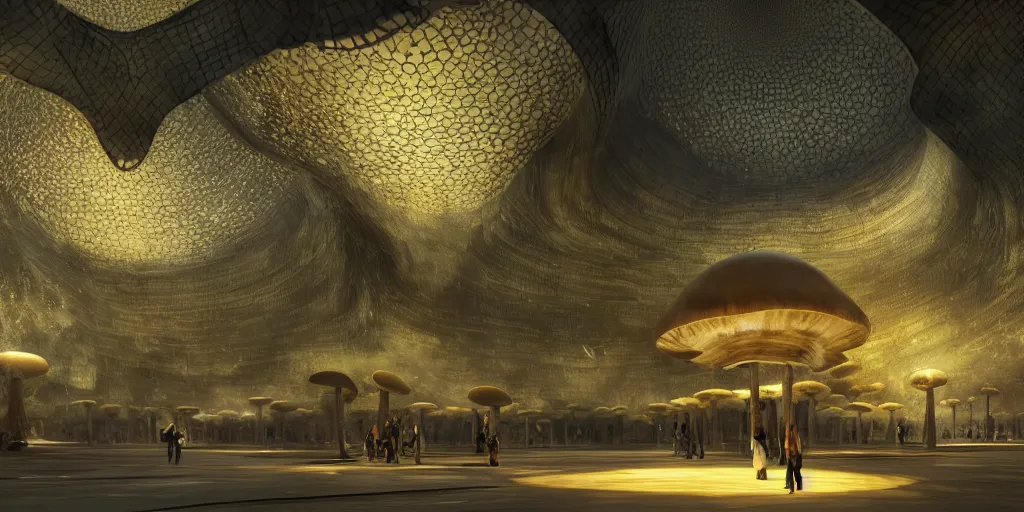 Prompt: Photorealistic exterior of Istiqlal mosque bulit in giant glowing mushroom underworld dark cave, with domes and arches, people and androids wearing traditional japanese clothing. photorealism, UHD, amazing depth, glowing, golden ratio, 3D octane cycle unreal engine 5, volumetric lighting, cinematic lighting, cgstation artstation concept art