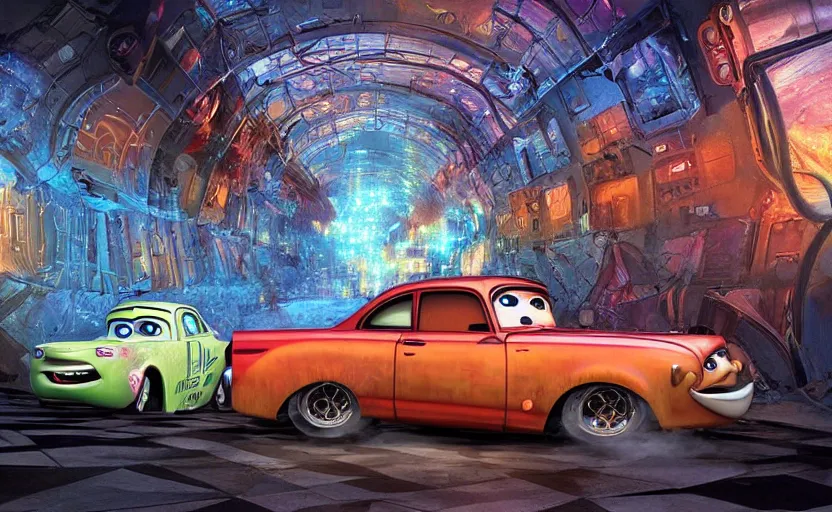 Image similar to mater from cars in a mirrored fractal hallway, romance novel cover, dmt visualization, in 1 9 9 5, y 2 k cybercore, industrial photography, still from a ridley scott movie