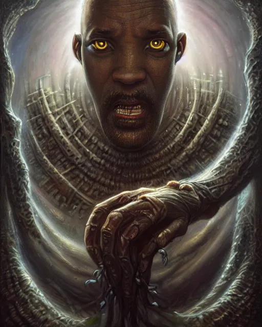 Image similar to lovecraft biopunk portrait of will smith by tomasz alen kopera and peter mohrbacher