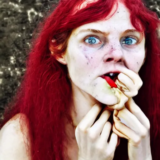 Image similar to inquisitive crooked-toothed medieval thief woman, dark circles on eyes, frizzy red hair, malnourished, candid photograph, painterly