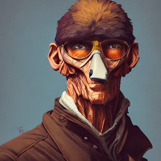 Image similar to ripped physique Man Beak portrat Sherlock Samuel Beckett Beak Detective Anthropomorphic furry fashion vogue Vulture man wearing a Buzzard costume wearing a hobo costume gerald brom bastien grivet greg rutkowski norman rockwell portrait face head beak eyes