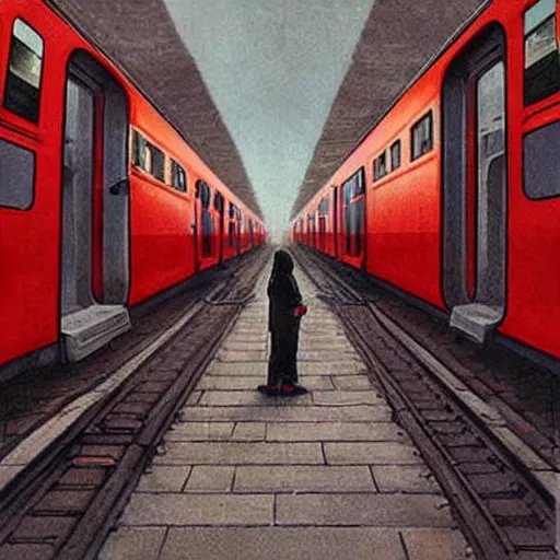 Prompt: a futuristic painting of two hobbits from tolkien lord of the rings standing on the platform of a train station, a big red train is waiting at the platform in the style of dali