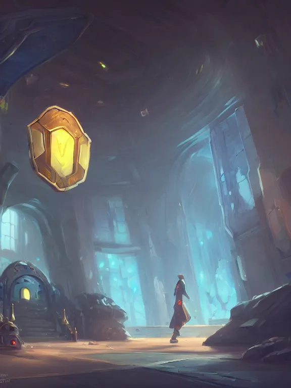 Image similar to sci fi environment concept art featuring a shield enchanted with energy, weapon shop interior, legendary item, shelf, fantasy, trending on artstation, stylistic, brush strokes, oil, canvas, by kawacy and makoto shinkai