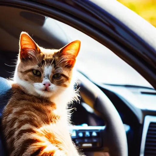 Image similar to cat sitting in driver seat of a cabriolet, paws resting on top of steering wheel, golden hour, top view