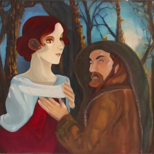 Image similar to conniving mage bewitches breathtaking demure maiden, oil on canvas