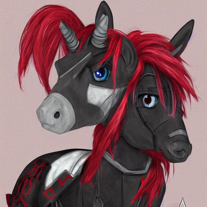 Image similar to Fallout Equestria Project Horizons | Blackjack Character Fanart | White MLP Unicorn Mare with red and black shaggy hair, and bright, robotic eyes. | Cutie Mark is: Ace and Queen of Spades | Trending on ArtStation, Digital Art, MLP Fanart, Fallout Fanart | Blackjack sitting and looking depressed at the viewer | Hyperrealistic CGI Photorealistic Cyborg Unicorn