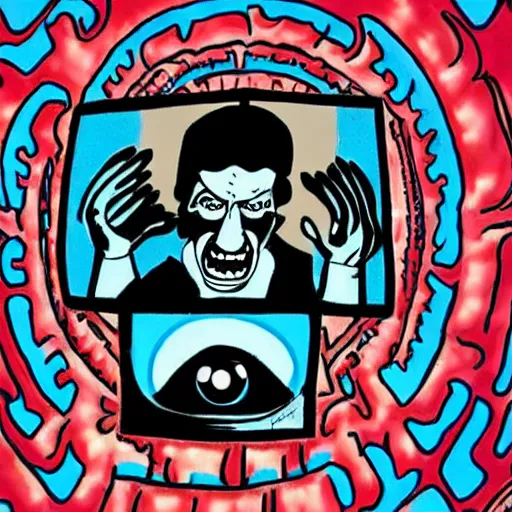 Image similar to depraved and insane man with spiral eyes and tvs with eyes on the screen all around in the style of herbert ploberger and nainoa rosehill