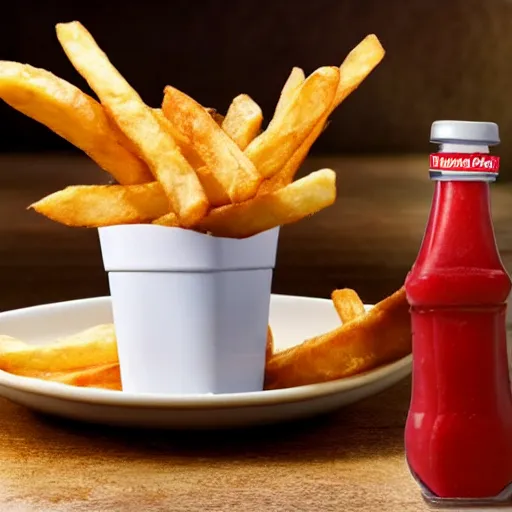 Prompt: one french fry dipped in ketchup, food advertisement