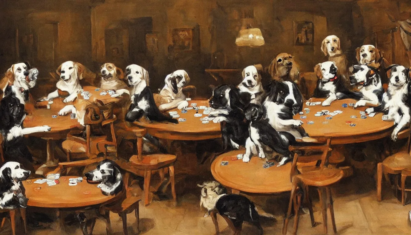 Image similar to A painting of some dogs sitting round a table playing poker