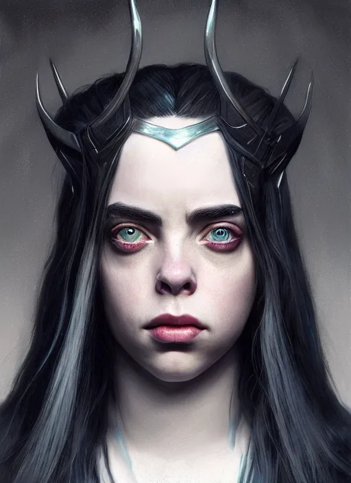 Image similar to Billie Eilish as female loki by, hyper detail, hyper realistic, octane render, noir, gorgeous symmetrical face, elegant, intricate, studio lighting, by Greg rutkowski