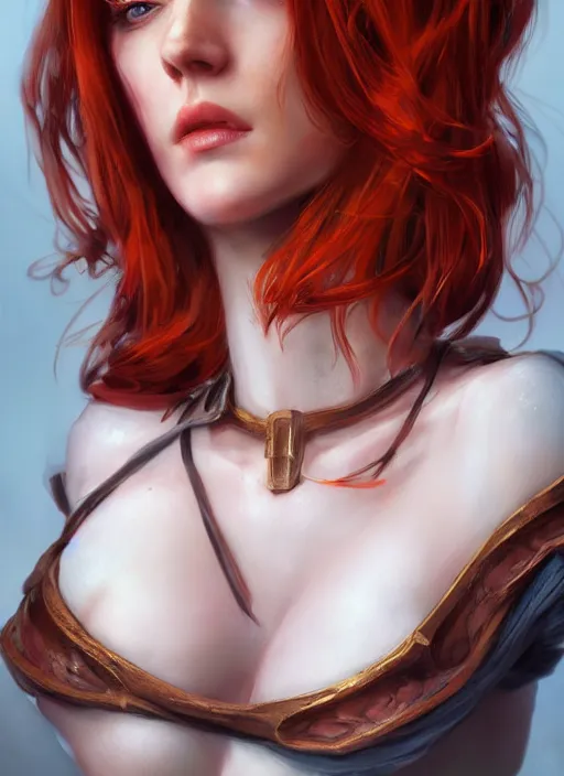 Image similar to Beautiful redhead girl which chest wrapped in bandages, portrait, fantasy, medieval, vivid colors, fantasy, elegant, concept art, sharp focus, beautiful face, digital art, Hyper-realistic, 4K, Unreal Engine, Highly Detailed, HD, Dramatic Lighting by Brom, trending on Artstation