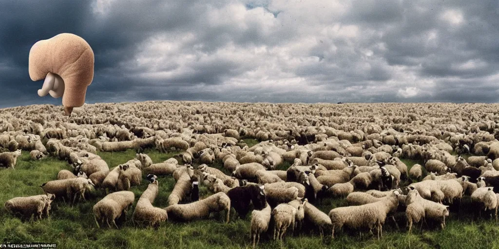 Image similar to a disembodied ear floats above a field of sheep in england, hipgnosis artwork