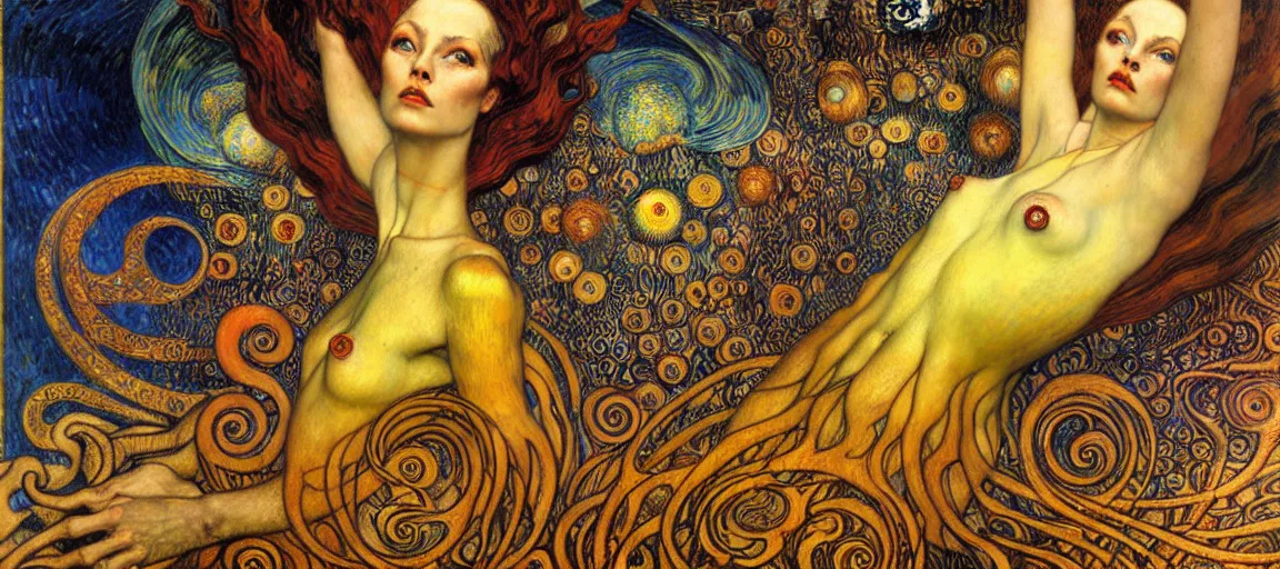 Image similar to Divine Chaos Engine by Karol Bak, Jean Delville, William Blake, Gustav Klimt, and Vincent Van Gogh, symbolist, visionary