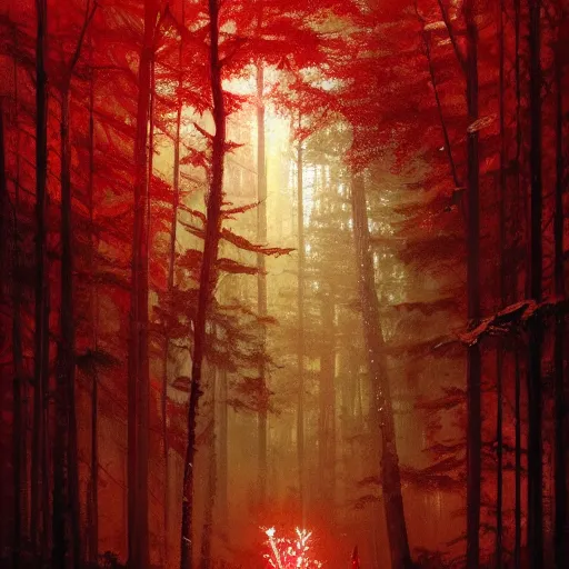 Image similar to A highly detailed oil painting of a blood red, crystal flower glowing bright red in the middle of a dark forest, by Greg Rutkowski.